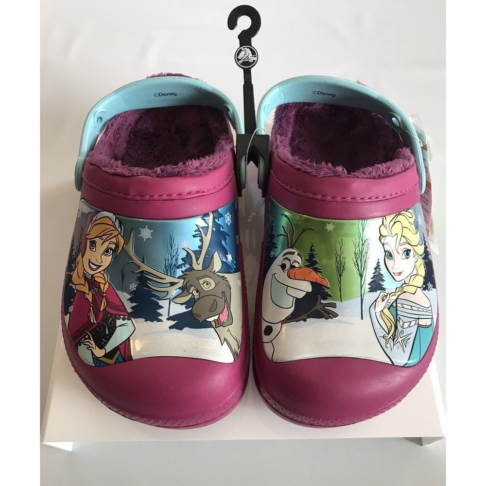 Crocs, Girls, Clogs 'Frozen' Anna/Elsa, Size Junior 2‎ 'Berry', Felt Lined.